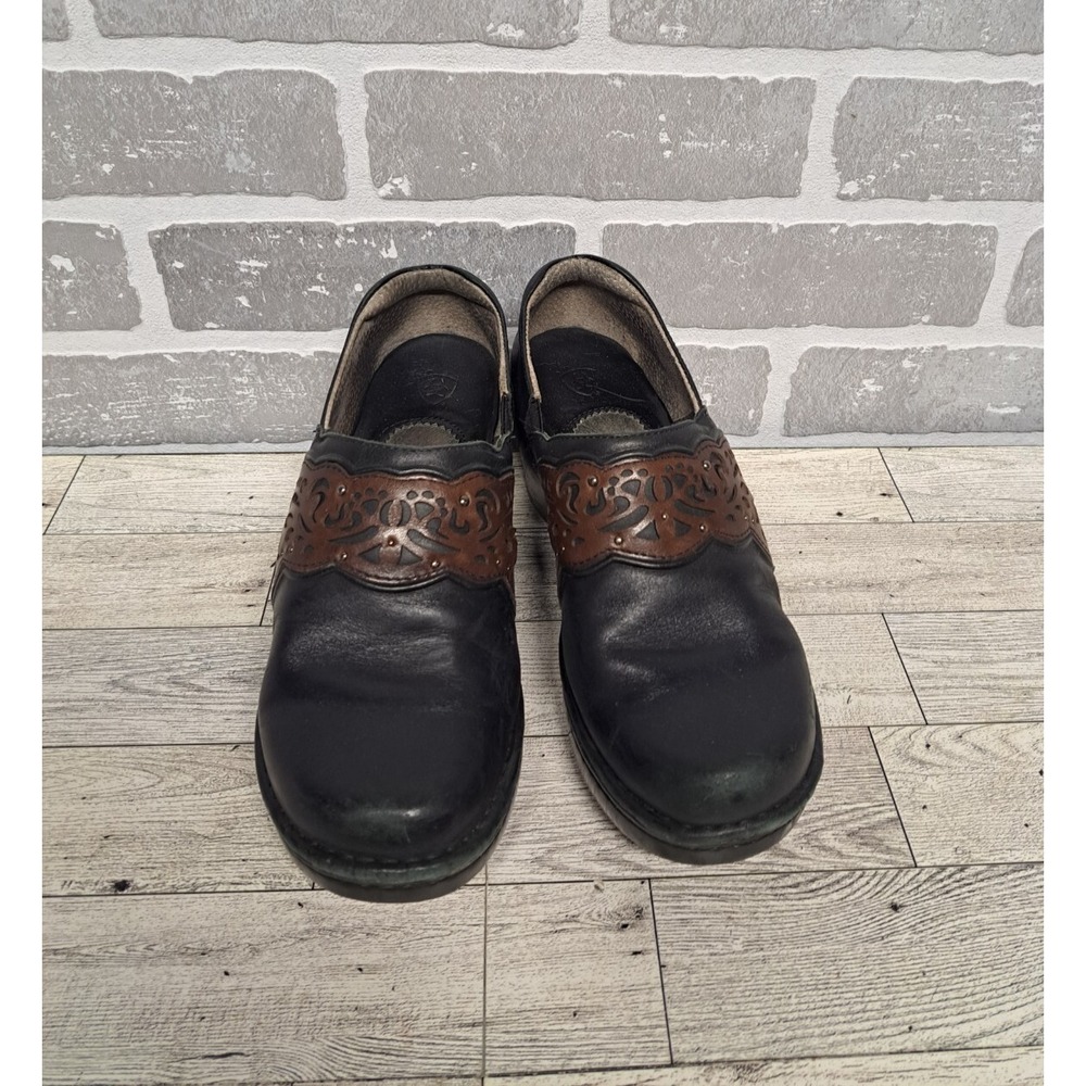 ARIAT Womens Black/Brown Leather Clogs‎ Sz 6.5 B Applied Cutout Design Shoes